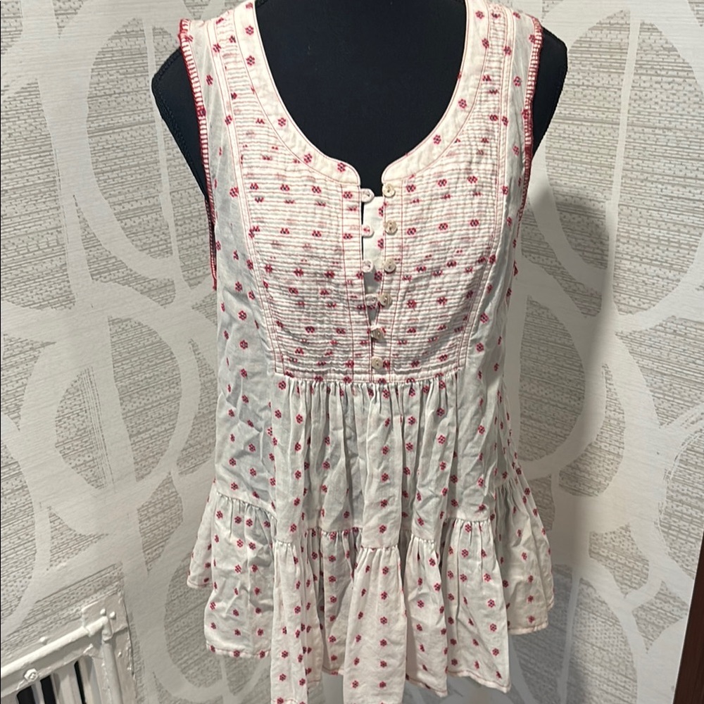 Free People embroidered floral babydoll tank top size small red white